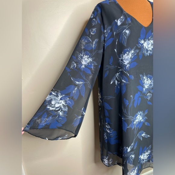 Carmen Marc Valvo Floral Black and Blue Sheer Layer Dress Size XL - Picture 4 of 10